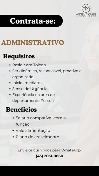 Angel Móveis abre vaga para administrativo em Toledo com benefícios