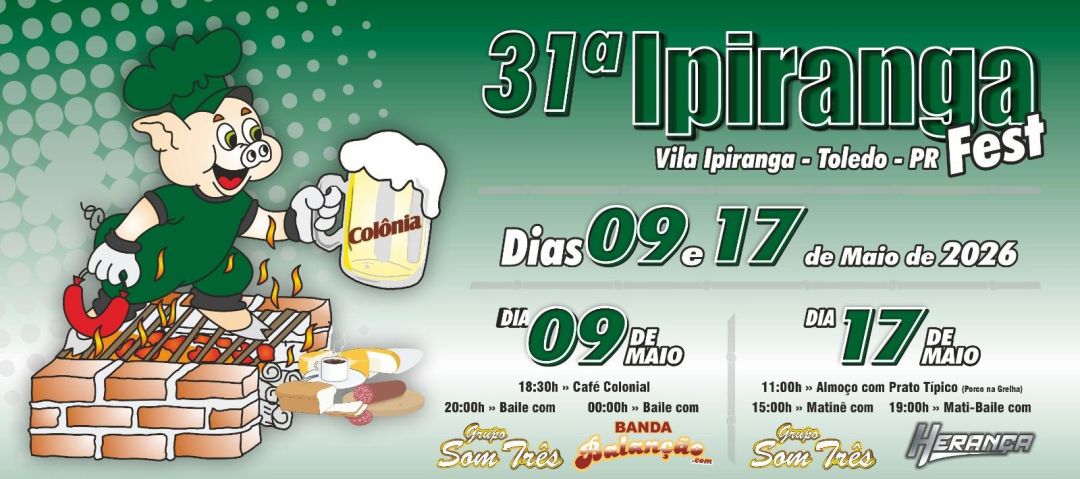 Ipiranga Fest 2026 terá música, café colonial e porco na grelha nos dias 9 e 17 de maio em Toledo