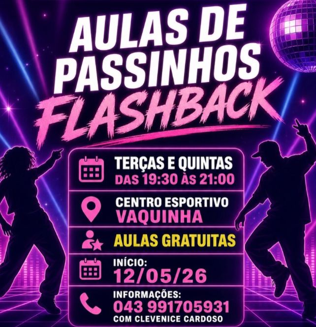 Aulas gratuitas de dança Flashback começam em 12 de maio no Centro Esportivo Vaquinha
