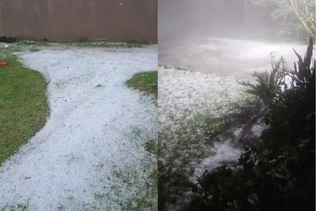 Cidade do Paraná registra granizo que deixa quintal coberto de branco