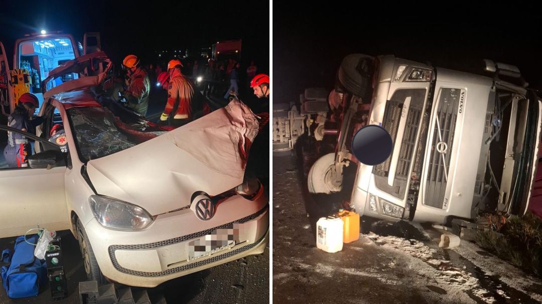 Casal de idosos fica preso às ferragens após carreta tombar e atingir carro na PR-170 em Guarapuava