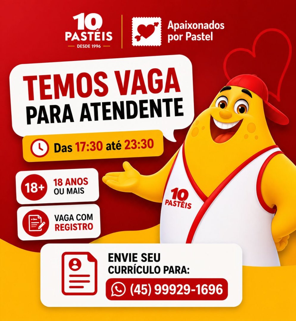 10 Pastéis Toledo contrata Atendente com salário de R$ 1.850,00