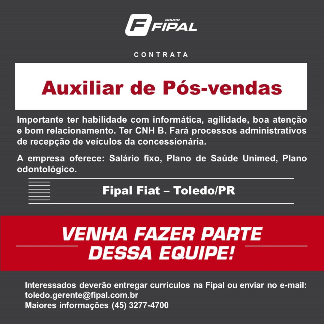 Fipal Fiat contrata Auxiliar de Pós-Vendas em Toledo
