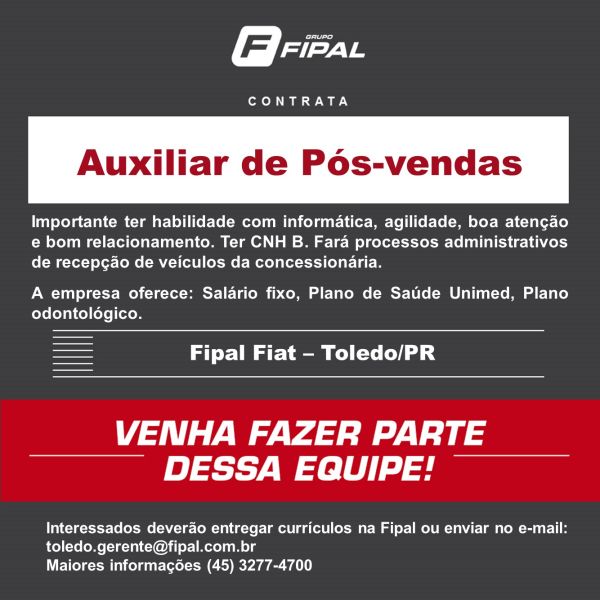 Fipal Fiat contrata Auxiliar de Pós-Vendas em Toledo