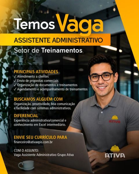 Ativa Epis contrata Assistente Administrativo para o Setor de Treinamentos em Toledo