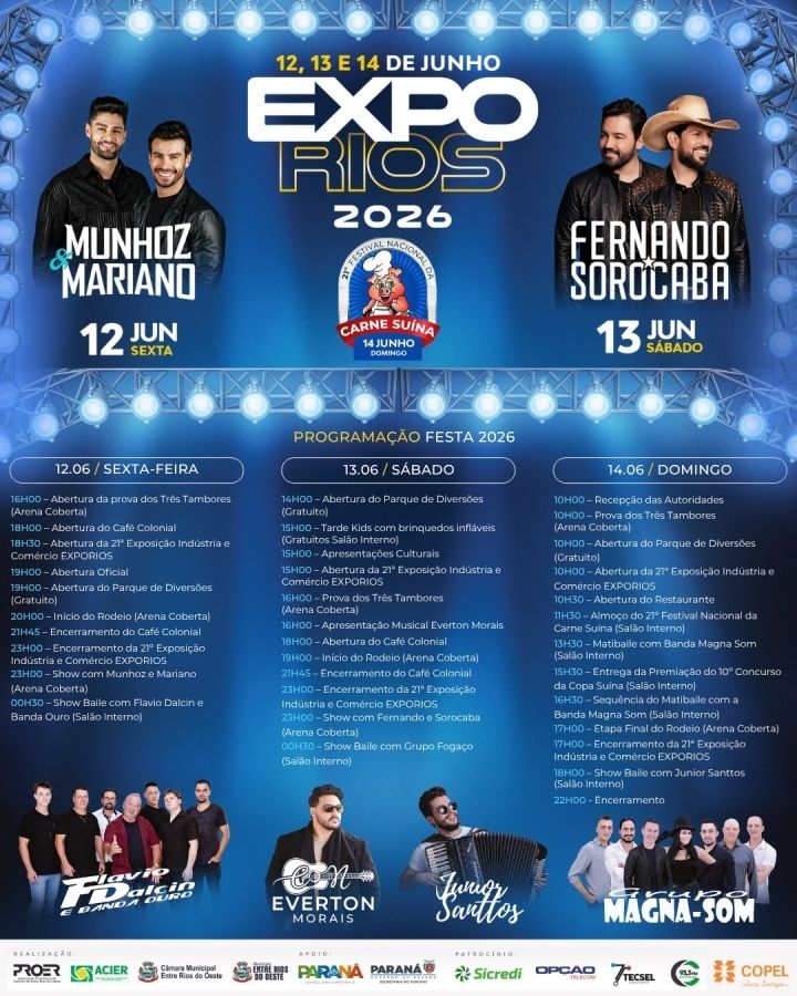 Entre Rios do Oeste celebra 33 anos com a Expo Rios 2026