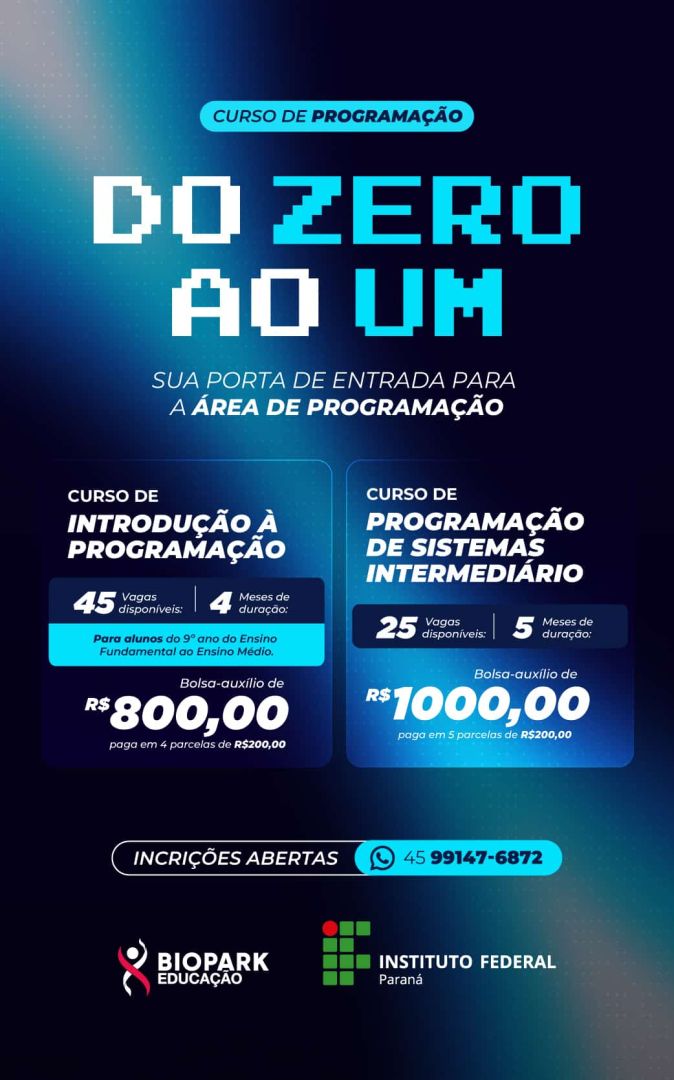 IFPR e Biopark abrem inscrições para nova edição do programa Do Zero ao Um: Transforme seu interesse por tecnologia em oportunidade profissional