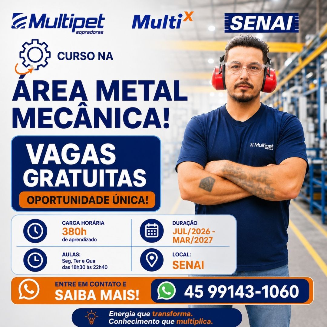 Multipet e SENAI oferecem curso gratuito na área metal mecânica com início em julho