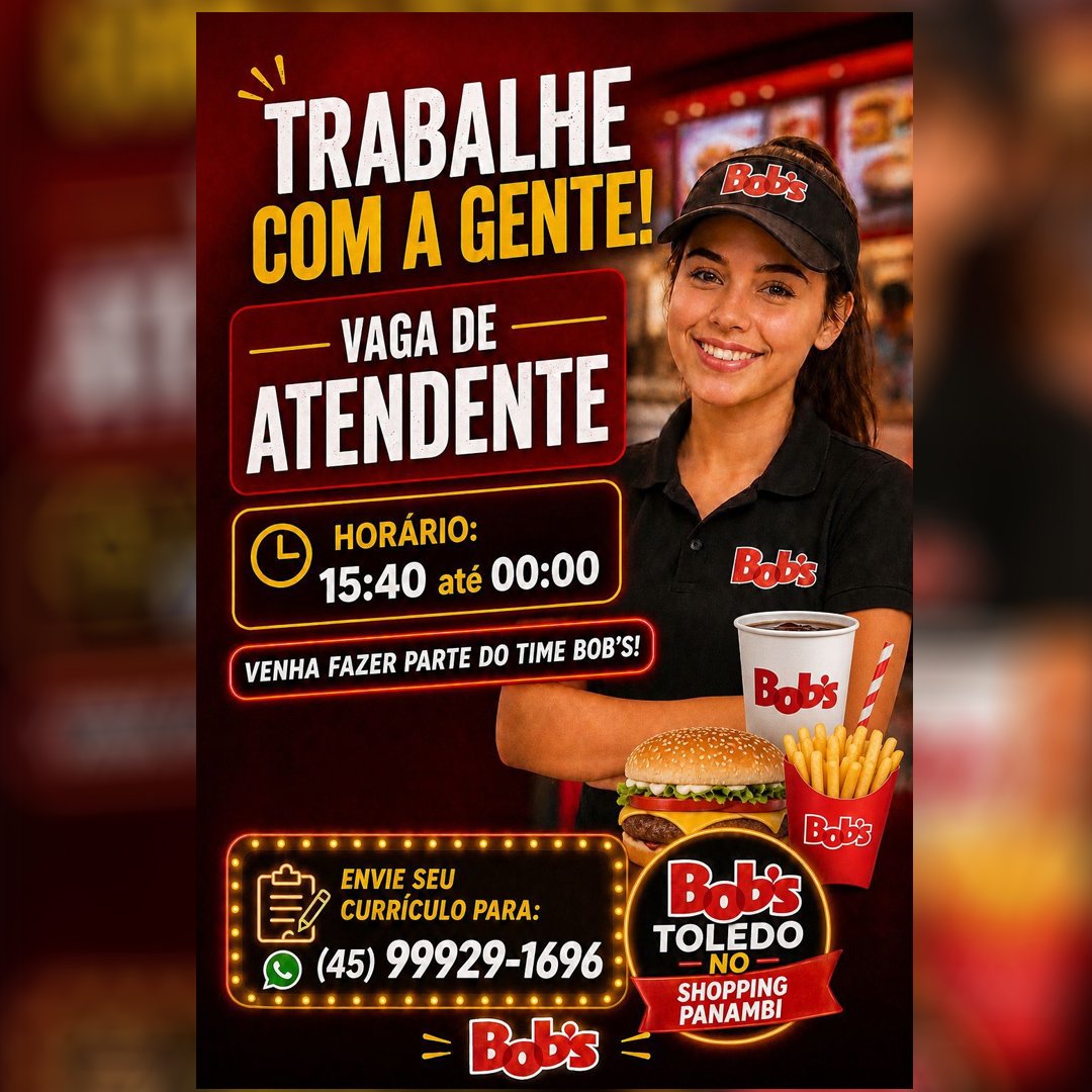 Bob's Toledo contrata Atendente no Shopping Panambi