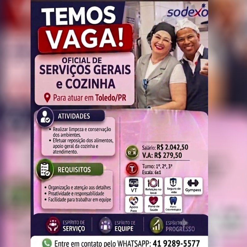 Sodexo contrata Oficial de Serviços Gerais e Cozinha em Toledo; envie seu currículo