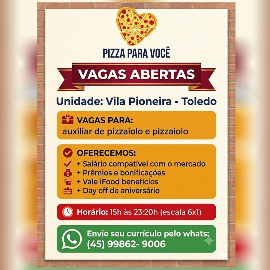 Pizza Para Você contrata Auxiliar de Pizzaiolo e Pizzaiolo em Toledo; envie seu currículo