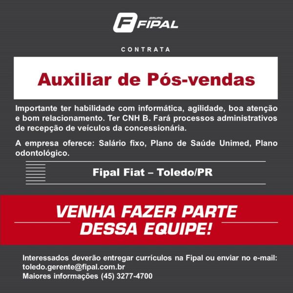 Fipal Fiat contrata Auxiliar de Pós-Vendas em Toledo