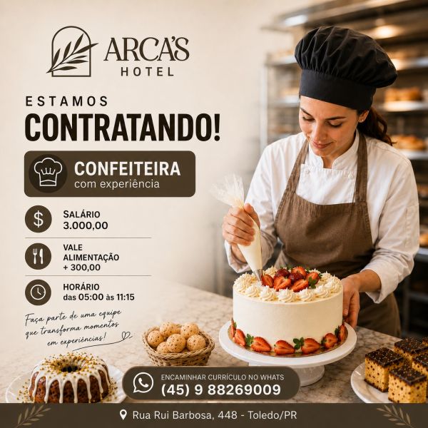 Arca's Hotel contrata Confeiteira em Toledo