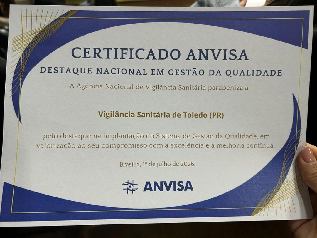 Vigilância Sanitária de Toledo recebe reconhecimento da Anvisa pela gestão da qualidade