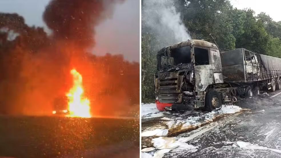 Caminhão pega fogo na BR-277 e interdita rodovia no litoral do Paraná