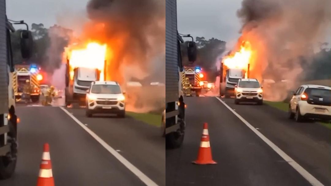 Caminhão-cegonha com aproximadamente 10 carros pega fogo na BR-277
