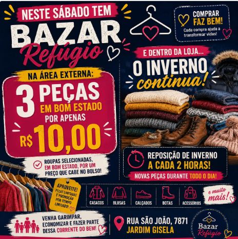 Bazar Refúgio terá promoção de 3 peças de roupas por R$ 10 neste sábado (11) em Toledo