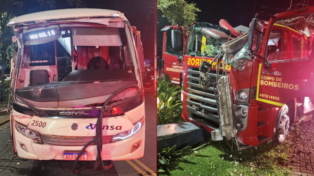 Caminhão dos bombeiros é atingido por ônibus a caminho de incêndio em Telêmaco Borba