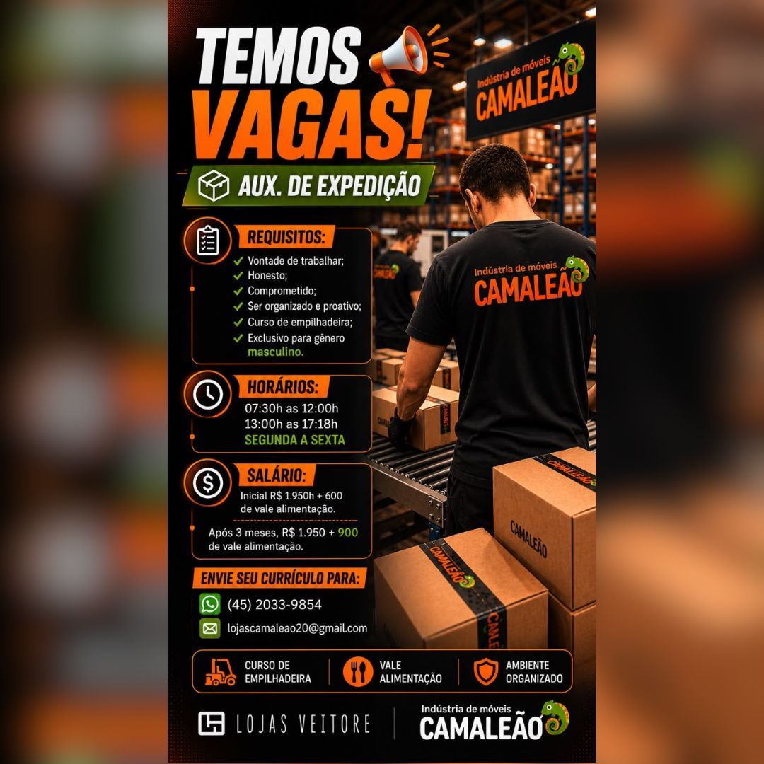 Indústria de Móveis Camaleão contrata Auxiliar de Expedição em Toledo; envie seu currículo