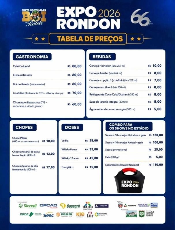 CCO divulga tabela oficial de preços da Expo Rondon 2026