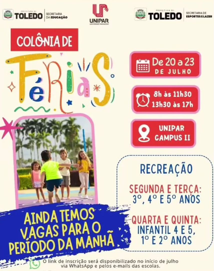 Colônia de férias gratuita da Unipar tem vagas abertas de manhã em Toledo