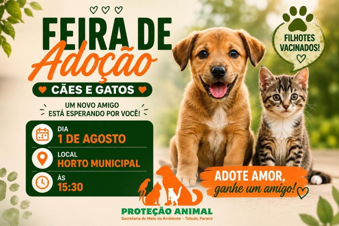 Feira de adoção de cães e gatos será realizada no Horto Municipal dia 1º de agosto