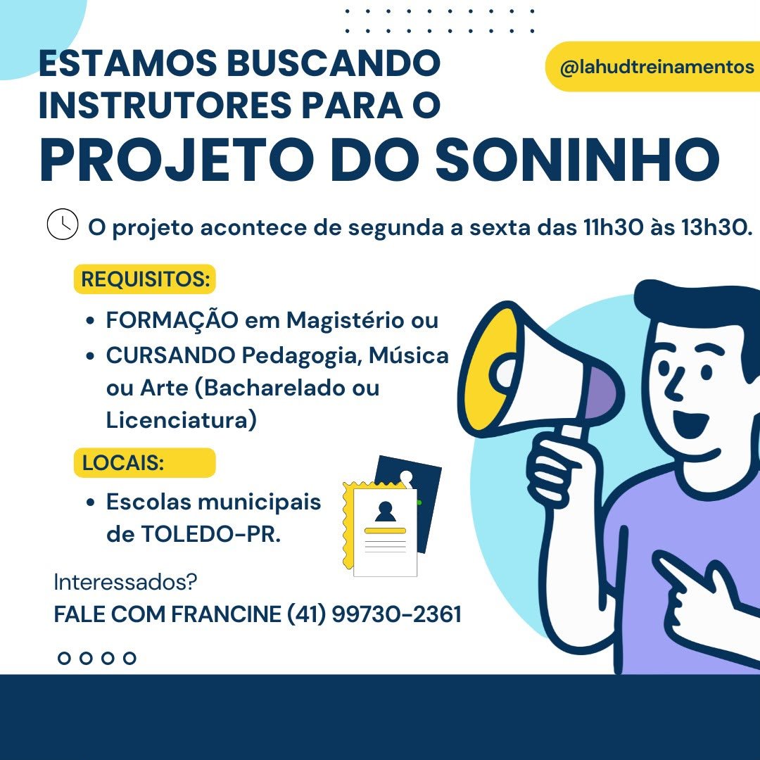 Lahud Treinamentos contrata Instrutor de Musicalização e Relaxamento para atuar em escolas municipais e CMEIs de Toledo