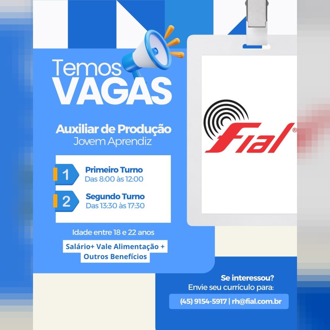 Fial contrata Jovem Aprendiz para Auxiliar de Produção em Toledo