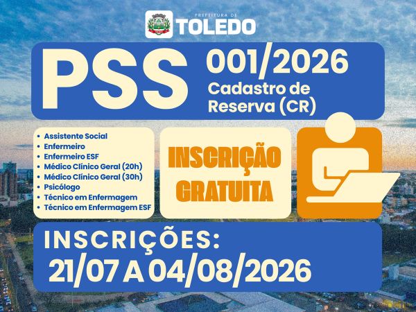 Prefeitura de Toledo abre inscrições de PSS para Saúde e Assistência Social