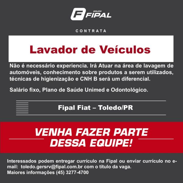 Fipal Fiat contrata Lavador de Veículos em Toledo; envie seu currículo