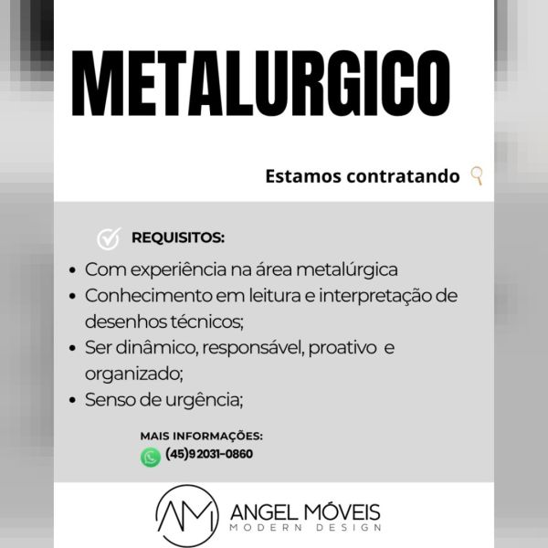 Angel Móveis contrata Metalúrgico em Toledo; envie o seu currículo