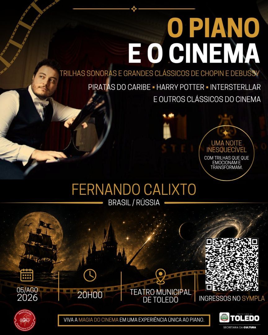 Pianista Fernando Calixto apresenta em Toledo espetáculo que une música clássica e grandes trilhas do cinema