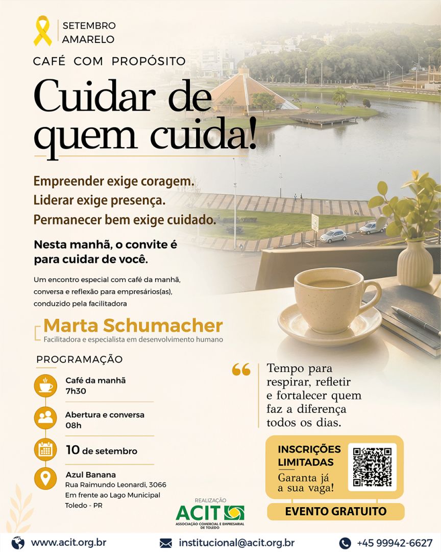 Setembro Amarelo: ACIT promove 'Café com Propósito' para associados no dia 10 de setembro