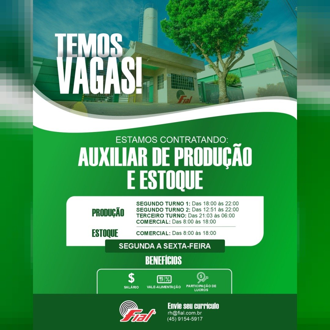 Fial contrata Auxiliar de Produção e Auxiliar de Estoque em Toledo; envie seu currículo