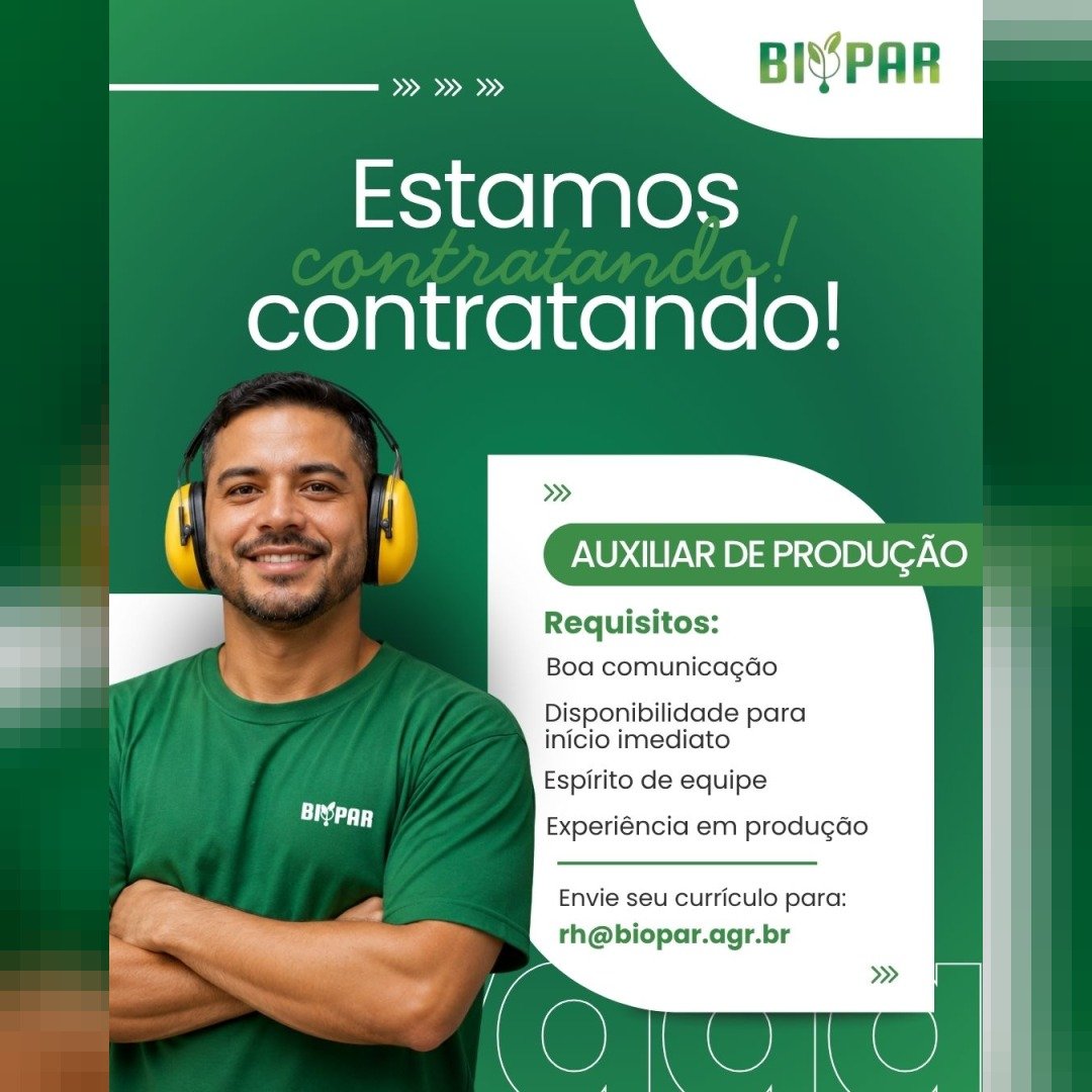 Biopar contrata Auxiliar de Produção, Zelador e Auxiliar de Laboratório em Toledo