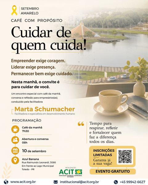 Setembro Amarelo: ACIT promove 'Café com Propósito' para associados no dia 10 de setembro