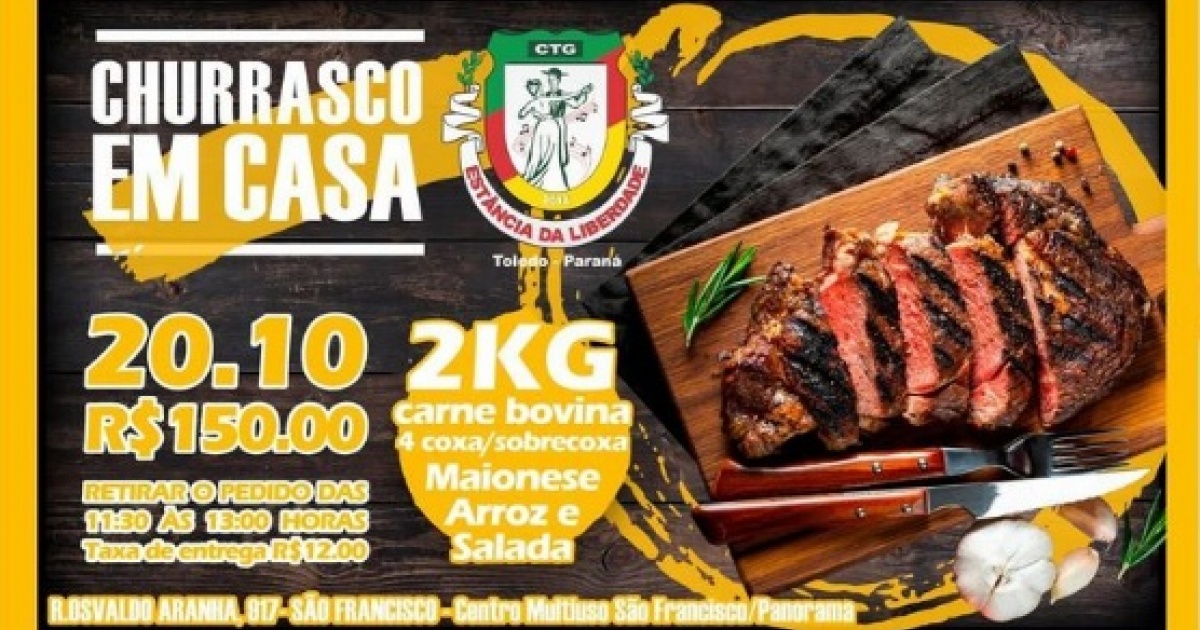 “Churrasco em Casa” para retirada será promovido no domingo (20) pelo